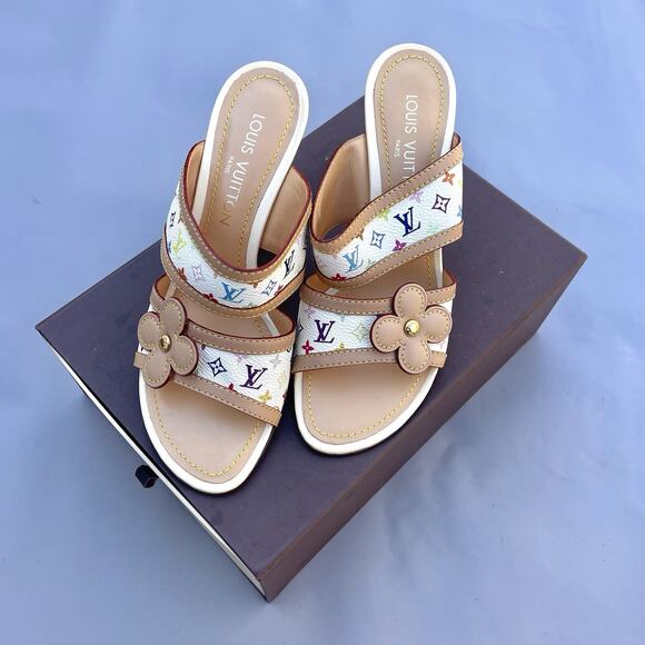 Louis Vuitton Takashi Murakami white multicolor mules Heels size 38 US 8 Sandals - Picture 1 of 9